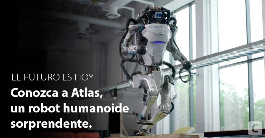 Un robot en una sala de pruebas y sobreimpreso un titular que dice: El futuro es hoy, conozca a Atlas un robot humanoide sorprendente