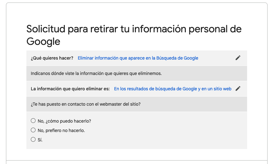 Solicitud para retirar informacion personal de Google