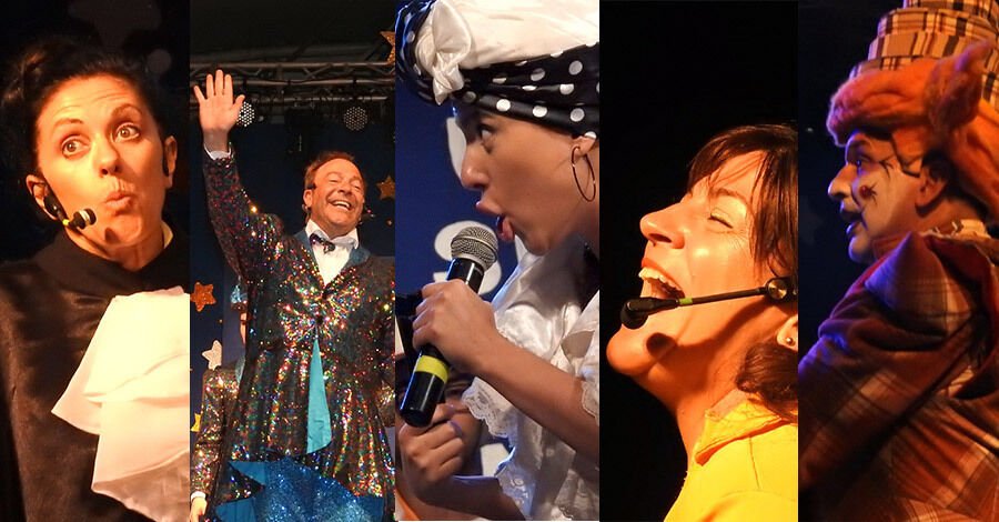 Foto horizontal dividida en 5 sectores iguales en los cuales aparece una imagen representativa a los ganadores de las 5 categorías del concurso de Carnaval 2023