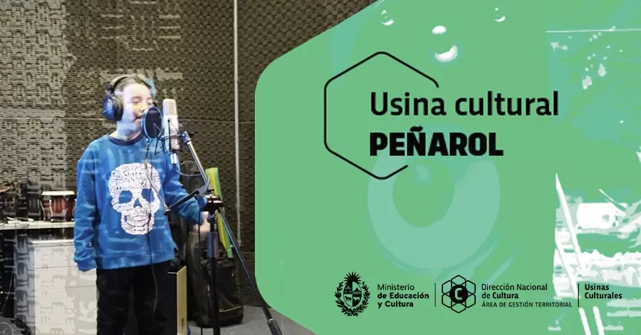 Logo Usina Cultural Peñarol y una foto de un niño cantante grabando en una sala de estudio