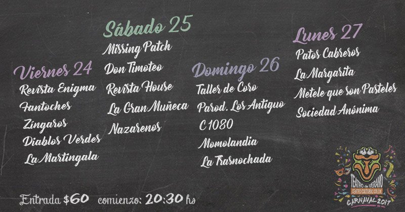 pizarron carnaval viernes 24 sabado 25 domingo26 y lunes27