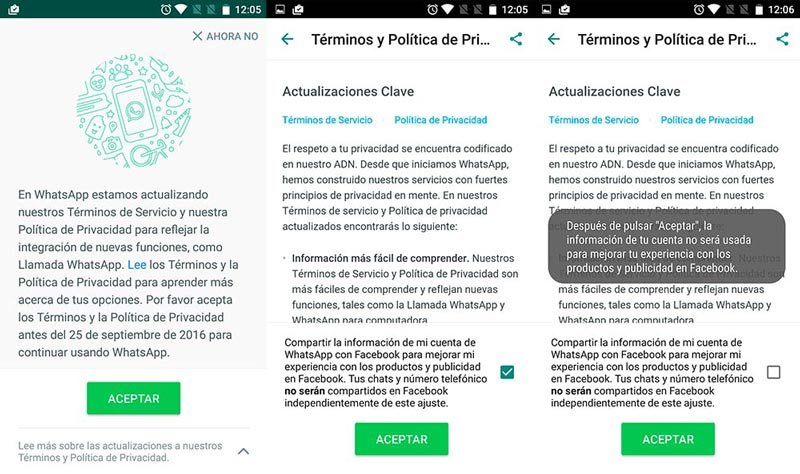 whatsapp aceptar terminos condiciones facebook
